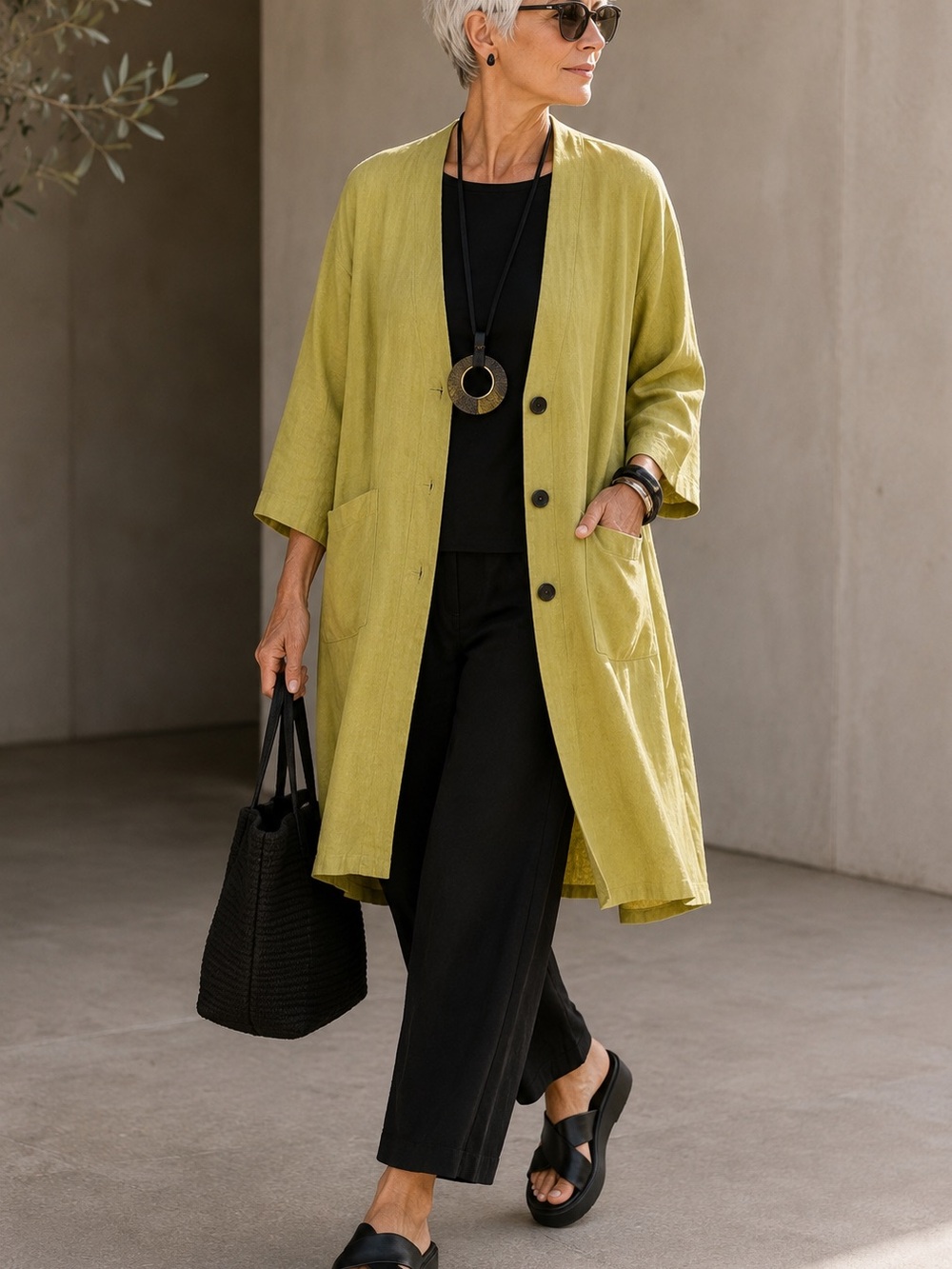 YOUGA Linen Cotton Oversized Duster Jacket Chartreuse Lagenlook OS